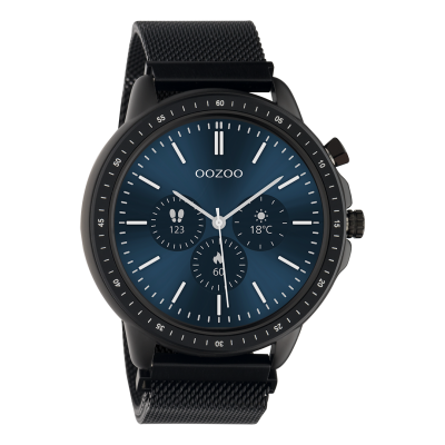 Zwarte horloge met zwarte metalen mesh armband Q00309.